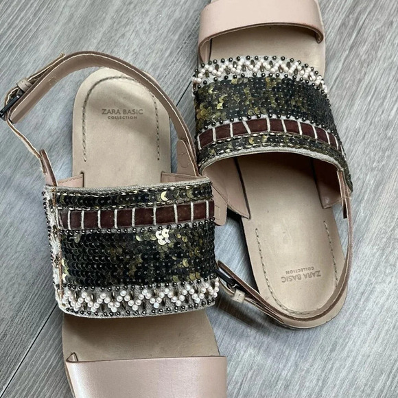 ZARA Basic Sandals Size 40 US 9.5 Boho Sequin Embellished Slingback Flats Pink - Picture 9 of 11